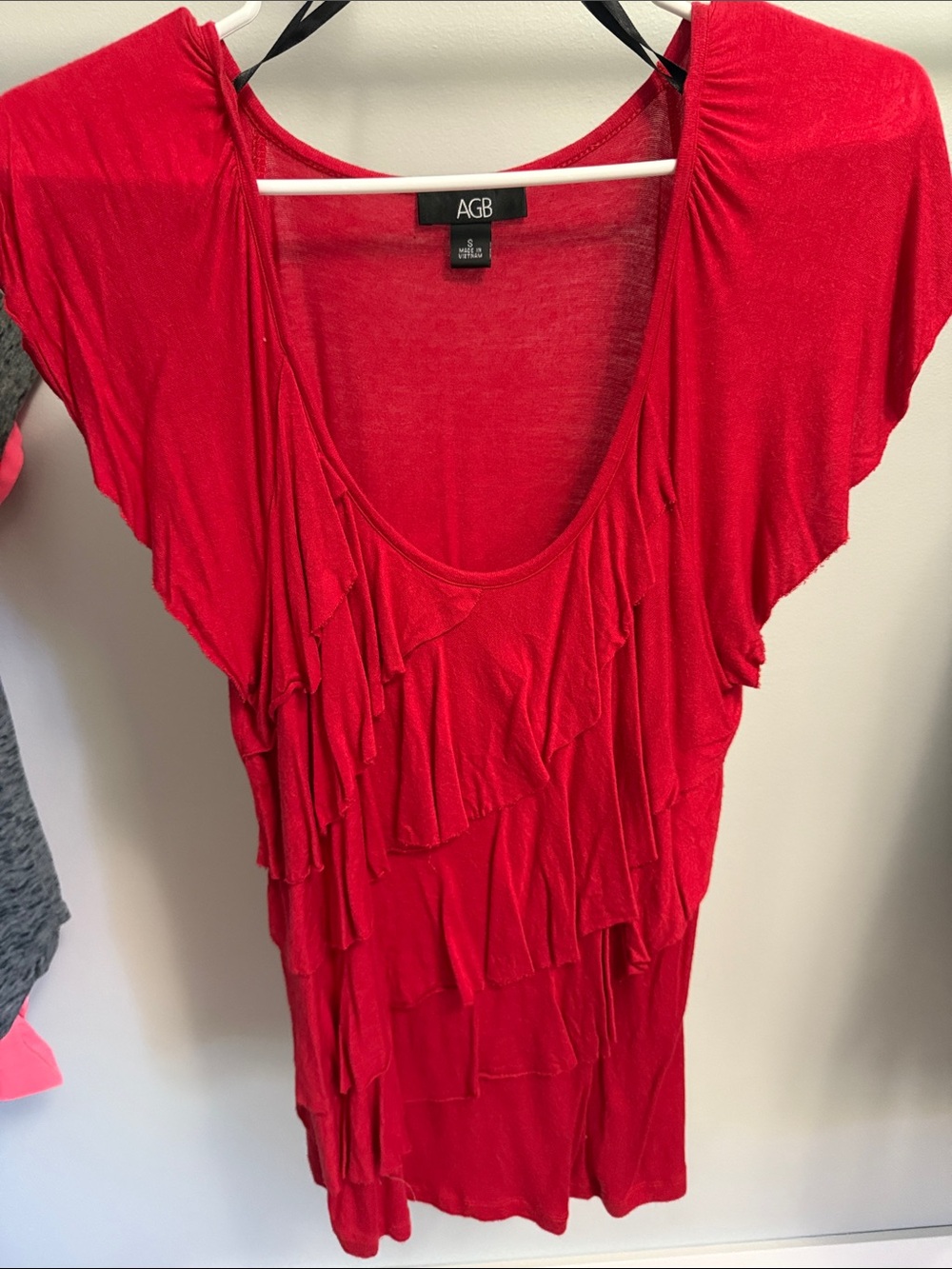 AGB Bright Red Ruffle Front Tunic Top